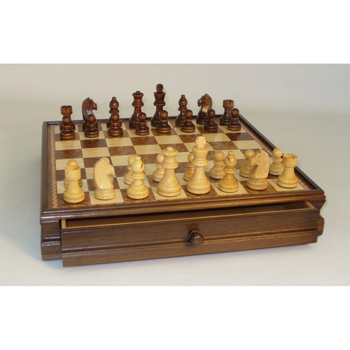 15" Walnut and Maple Chess set w/ Drawer - 3" King
