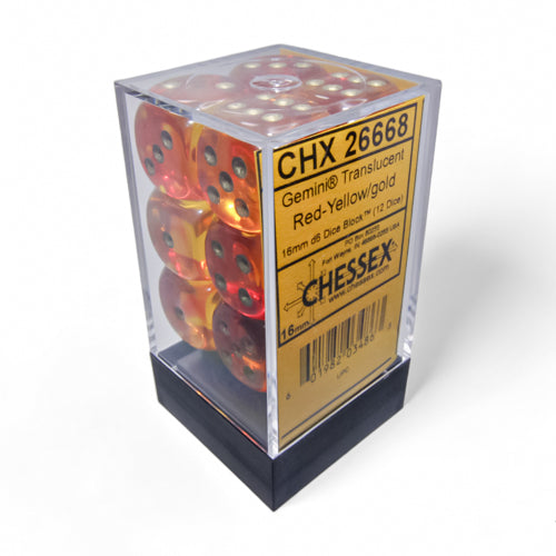 Chessex 12 16mm Six-sided Dice: Gemini Translucent Red-Yellow/Gold