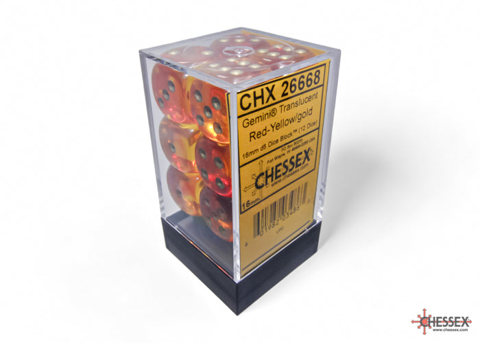 Chessex 12 16mm Six-sided Dice: Gemini Translucent Red-Yellow/Gold