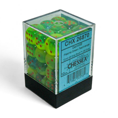 Chessex 36 Six-sided Dice: Gemini Plasma Green-Teal/Orange