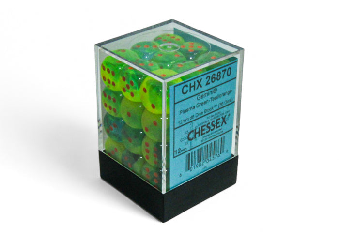 Chessex 36 Six-sided Dice: Gemini Plasma Green-Teal/Orange