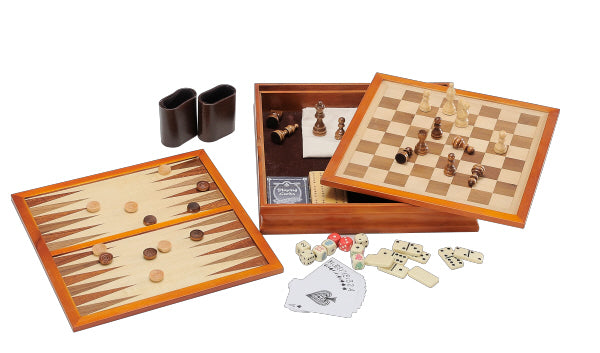 7-in-1 Combination Wood Game Set – 12 inch board – Includes Chess, Checkers, Backgammon, Dominoes, Cribbage, Poker Dice, Cards